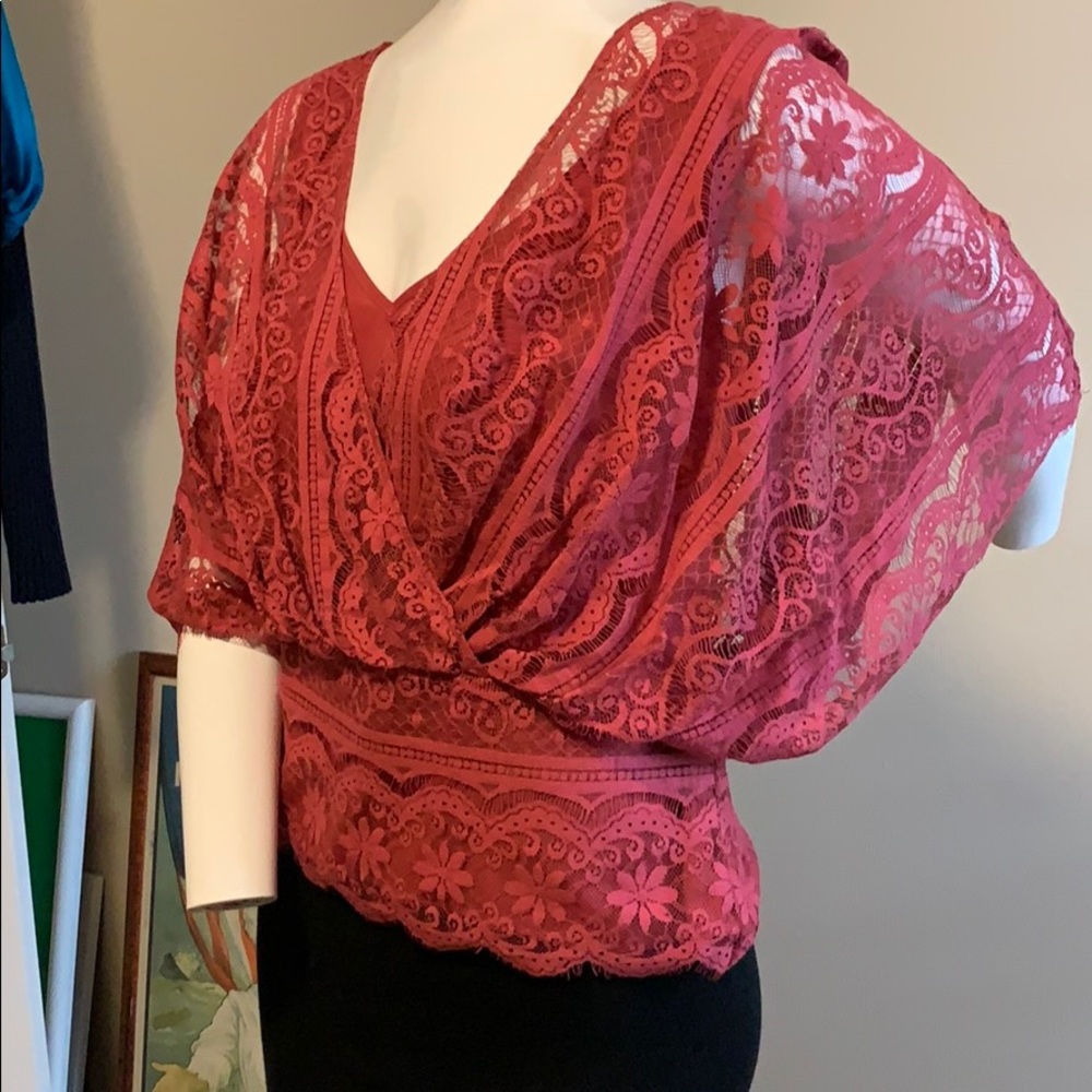Beyond Vintage Mixed Floral & Geometric Lace Faux Wrap Fully Lined Cap Sleeve  S - Picture 2 of 16
